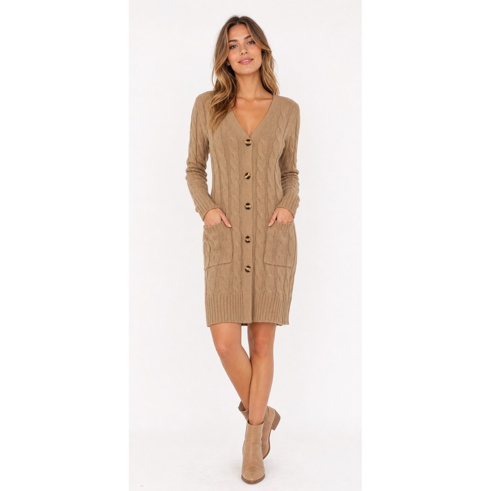 Uniexcosm Womens Tan Cable Knit Button Front V-Neck Sweater Dress Pockets Small